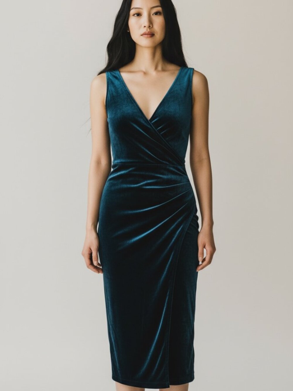 Rock Steady Velvet Pinup Wiggle Dress Size L Teal Blue Faux Wrap Retro